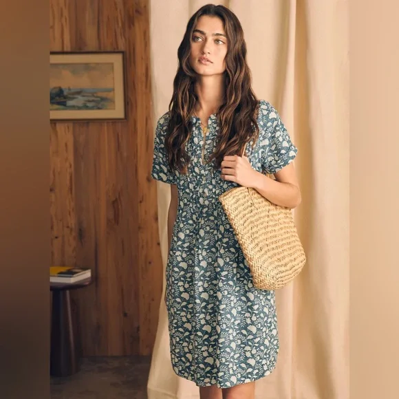 Faherty Gemina Indigo Floral Linen Mini Dress Small Faherty Gemina Indigo Floral Linen Mini Dress Small
